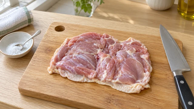 皮を残して厚さをそろえた鶏もも肉