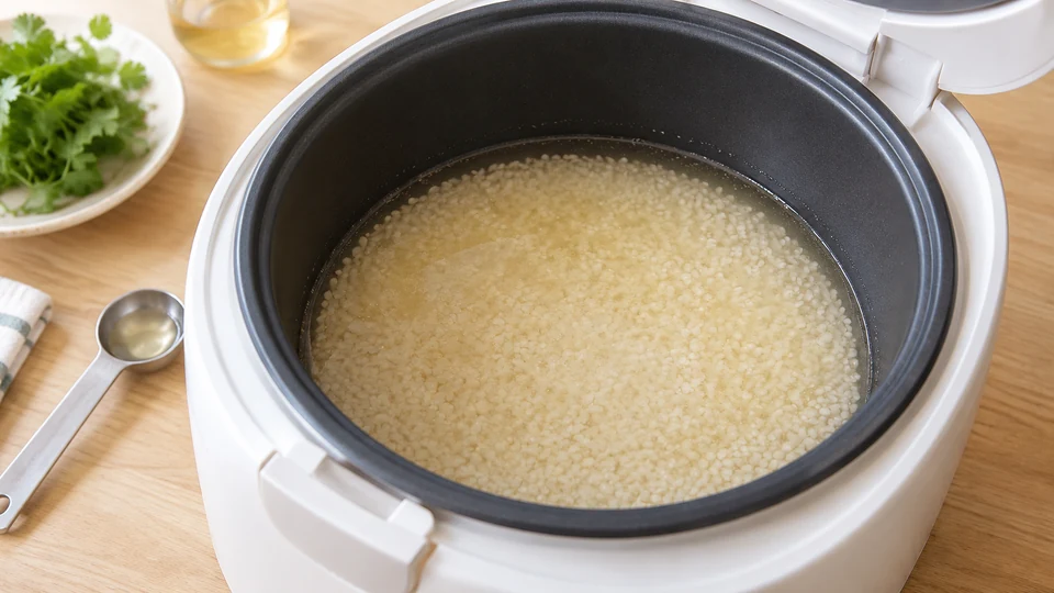 米と液体調味料を内釜へセットする