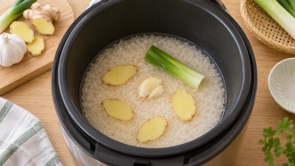 米の上へ香味材料を広げる