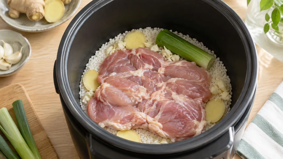 皮目を下にした鶏もも肉を平らにのせる