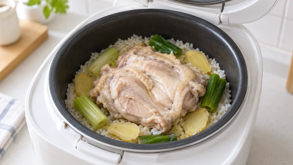 炊飯終了後の鶏肉とごはん