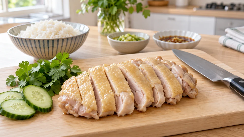 加熱を確認した皮付き鶏もも肉を切る