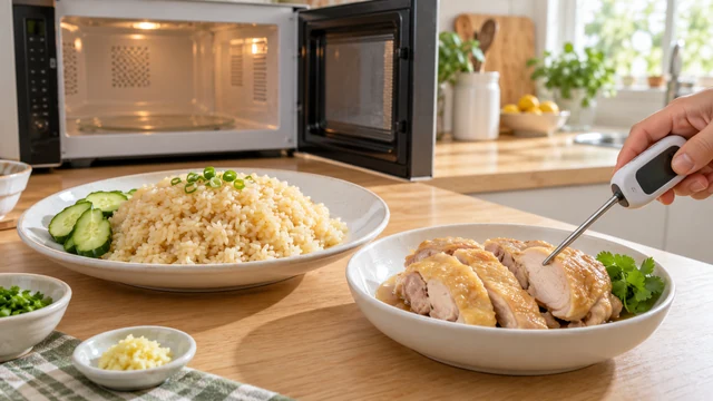 温め直した鶏肉の中心温度を食品用温度計で確認する