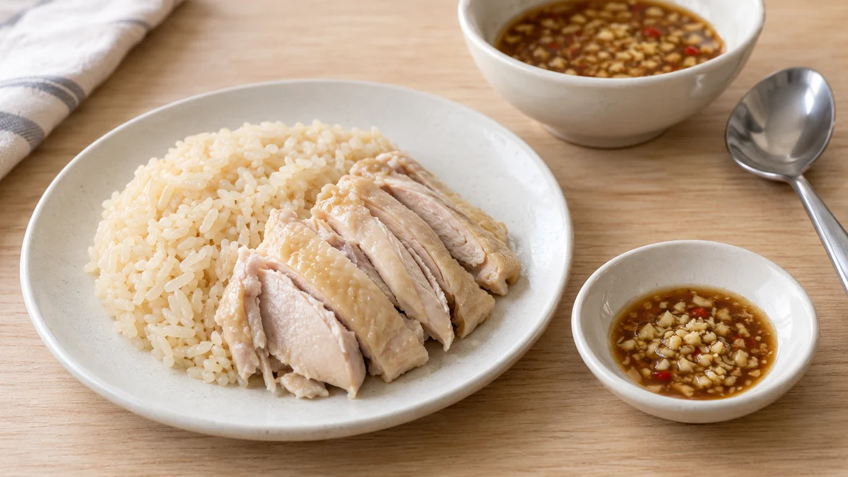 清潔な小皿に取り分けたタレを鶏肉とごはんに合わせて味を確かめる盛り付け例