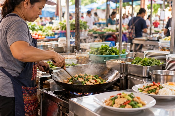 タイの市場で炒め物を調理する屋台のイメージ(AI生成)