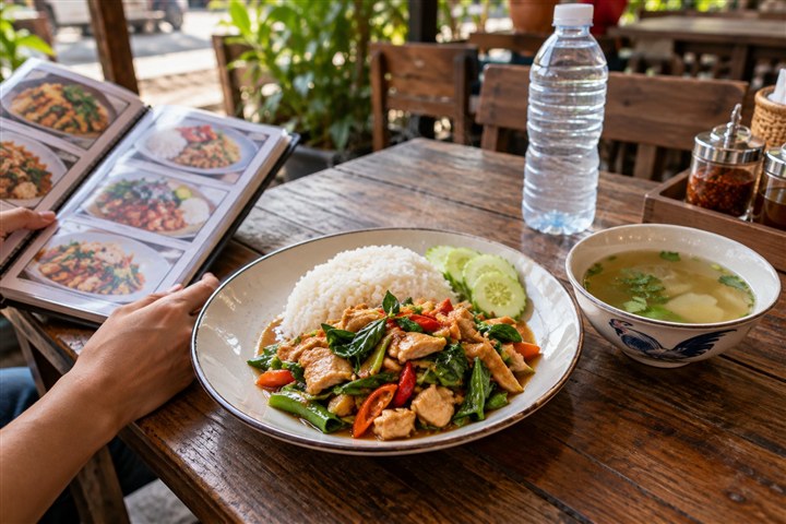 タイ料理の食卓でメニューを選ぶ場面のイメージ(AI生成)