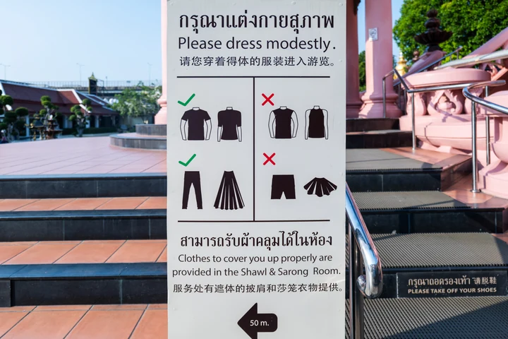 袖のある服や長いボトムスを図で示すタイの寺院の服装案内